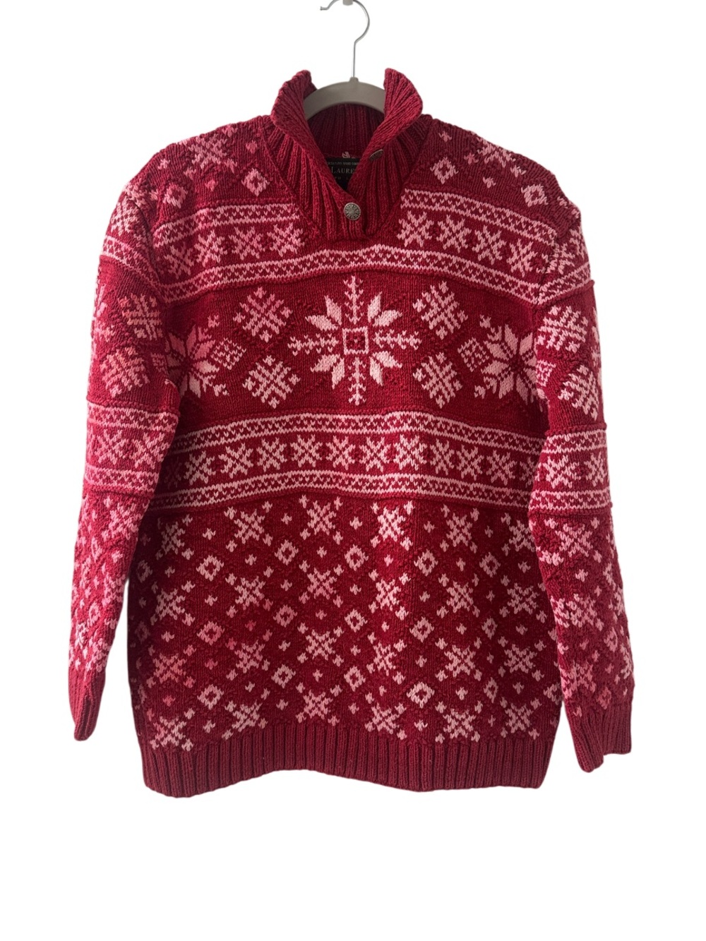 Vintage Lauren Ralph Lauren Snowflake red Sweater, Button Neck Size Large